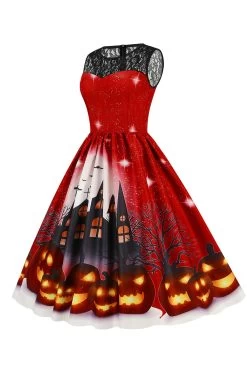 Vintage Ronde Hals Kant Paneel Print Halloween Jurk -Jurken Korting Winkel CGZL2218949 Red 3