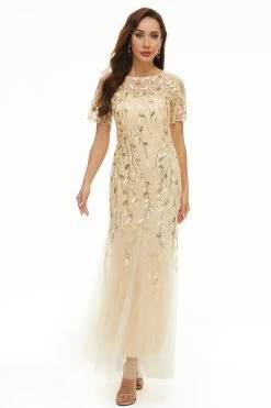 Bladeren Pailletten Moeder Jurk Met Korte Mouwen -Jurken Korting Winkel CGZL2218975 Apricot 1 first