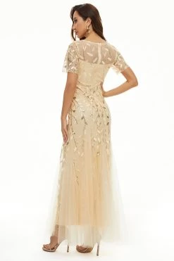 Bladeren Pailletten Moeder Jurk Met Korte Mouwen -Jurken Korting Winkel CGZL2218975 Apricot 2