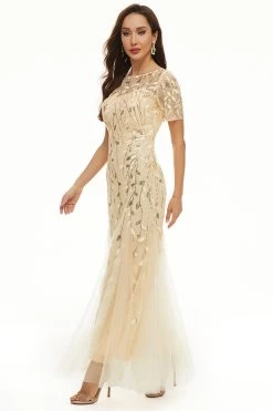 Bladeren Pailletten Moeder Jurk Met Korte Mouwen -Jurken Korting Winkel CGZL2218975 Apricot 3