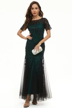 Bladeren Pailletten Moeder Jurk Met Korte Mouwen -Jurken Korting Winkel CGZL2218975 Black Green 1 first
