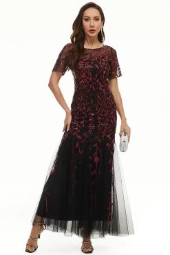 Bladeren Pailletten Moeder Jurk Met Korte Mouwen -Jurken Korting Winkel CGZL2218975 Black Red 1 first