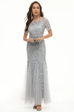 Bladeren Pailletten Moeder Jurk Met Korte Mouwen -Jurken Korting Winkel CGZL2218975 Grey 3