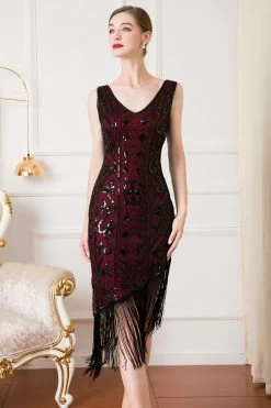 Zwarte Pailletten 1920s Flapper Jurk Met Franjes -Jurken Korting Winkel CGZL2218981 Black Red 1 first