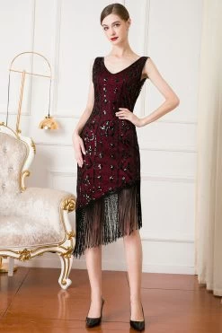 Zwarte Pailletten 1920s Flapper Jurk Met Franjes -Jurken Korting Winkel CGZL2218981 Black Red 5