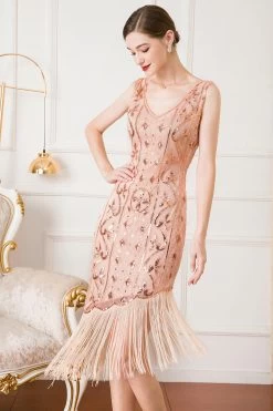 Zwarte Pailletten 1920s Flapper Jurk Met Franjes -Jurken Korting Winkel CGZL2218981 Rose Golden 1 first