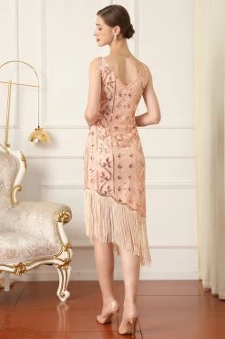 Zwarte Pailletten 1920s Flapper Jurk Met Franjes -Jurken Korting Winkel CGZL2218981 Rose Golden 2