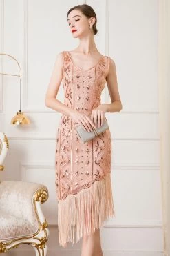 Zwarte Pailletten 1920s Flapper Jurk Met Franjes -Jurken Korting Winkel CGZL2218981 Rose Golden 4