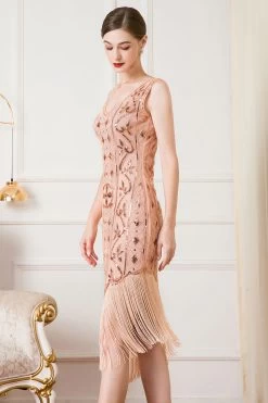 Zwarte Pailletten 1920s Flapper Jurk Met Franjes -Jurken Korting Winkel CGZL2218981 Rose Golden 5