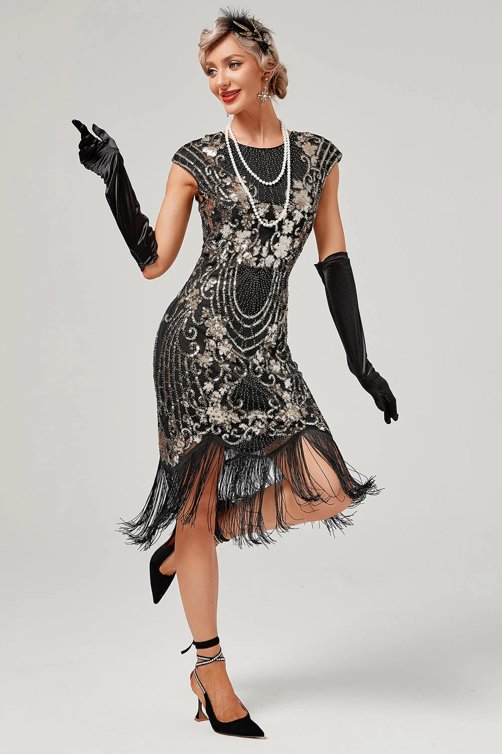 Groene Ronde Hals Gouden Borduurwerk Jaren 1920 Jurk Met Franjes 9 Groene Ronde Hals Gouden Borduurwerk Jaren 1920 Jurk Met Franjes - Afbeelding 7