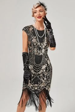 Groene Ronde Hals Gouden Borduurwerk Jaren 1920 Jurk Met Franjes 19 Groene Ronde Hals Gouden Borduurwerk Jaren 1920 Jurk Met Franjes -Jurken Korting Winkel CGZL2219003 Blak Golden 4