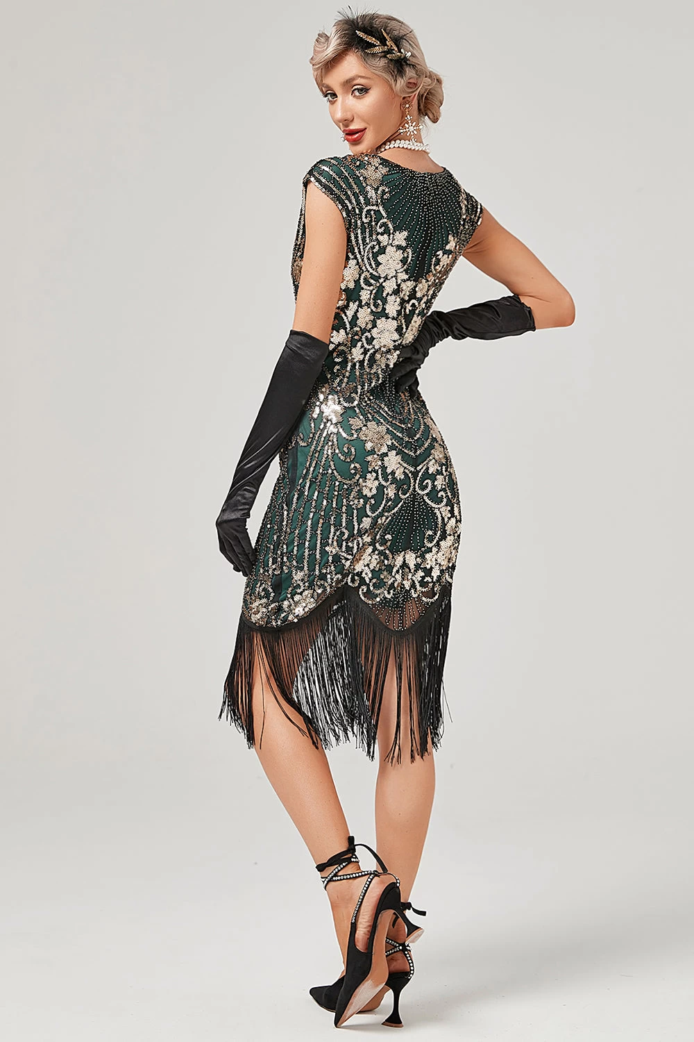 Groene Ronde Hals Gouden Borduurwerk Jaren 1920 Jurk Met Franjes 4 Groene Ronde Hals Gouden Borduurwerk Jaren 1920 Jurk Met Franjes - Afbeelding 2