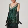 Zwart Groene V-hals Flapper Jurk Met Franjes