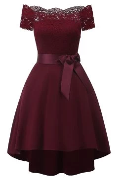 A Line Off The Shoulder Bordeaux Kanten Jurk Met Bowknot
