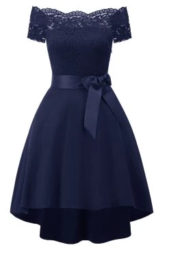 A Line Off The Shoulder Bordeaux Kanten Jurk Met Bowknot -Jurken Korting Winkel CGZL222082 Navy 1 first