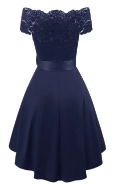 A Line Off The Shoulder Bordeaux Kanten Jurk Met Bowknot -Jurken Korting Winkel CGZL222082 Navy 2