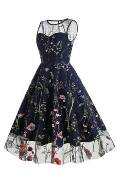 Licht Kaki Borduurwerk Vintage 1950s Jurk -Jurken Korting Winkel CGZL222132 Navy 3