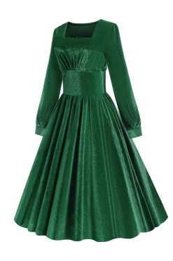 Groene A-lijn Fluwelen Vintage Jurk -Jurken Korting Winkel CGZL222318 Dark Green 3