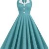 Retro Stijl Halter Hals Groen Jaren 1950 Jurk Met Knop -Jurken Korting Winkel CGZL231017 Green 1 first