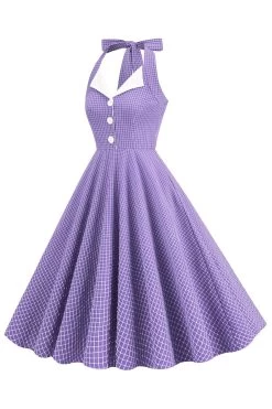 Retro Stijl Halter Hals Groen Jaren 1950 Jurk Met Knop -Jurken Korting Winkel CGZL231017 Purple 3