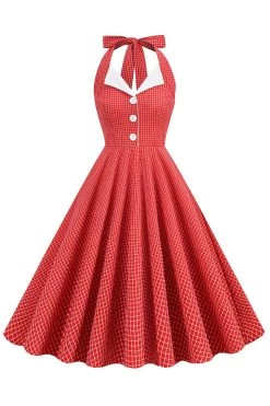 Retro Stijl Halter Hals Groen Jaren 1950 Jurk Met Knop -Jurken Korting Winkel CGZL231017 Red 1 first