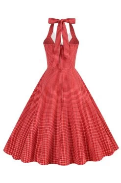Retro Stijl Halter Hals Groen Jaren 1950 Jurk Met Knop -Jurken Korting Winkel CGZL231017 Red 2