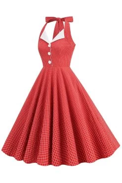 Retro Stijl Halter Hals Groen Jaren 1950 Jurk Met Knop -Jurken Korting Winkel CGZL231017 Red 3
