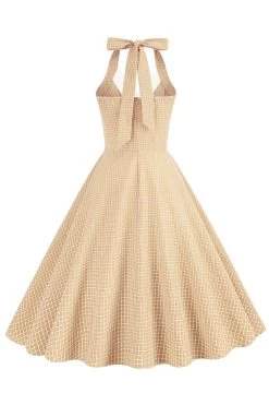 Retro Stijl Halter Hals Groen Jaren 1950 Jurk Met Knop -Jurken Korting Winkel CGZL231017 Yellow 2