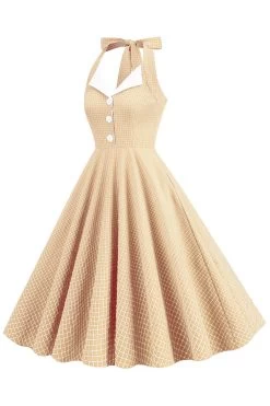 Retro Stijl Halter Hals Groen Jaren 1950 Jurk Met Knop -Jurken Korting Winkel CGZL231017 Yellow 3