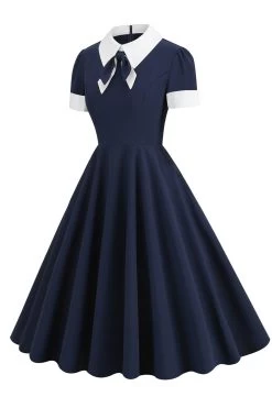 Jewel Neck Navy Jaren 1950 Jurk Met Bowknot -Jurken Korting Winkel CGZL231020 Navy 3