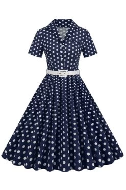 Hepburn Style V Hals Blauwe Polka Dots 1950s Jurk -Jurken Korting Winkel CGZL231206 Navy 1 first