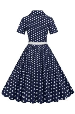 Hepburn Style V Hals Blauwe Polka Dots 1950s Jurk -Jurken Korting Winkel CGZL231206 Navy 2