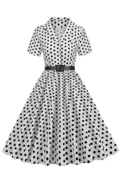 Hepburn Style V Hals Blauwe Polka Dots 1950s Jurk -Jurken Korting Winkel CGZL231206 White 1 first