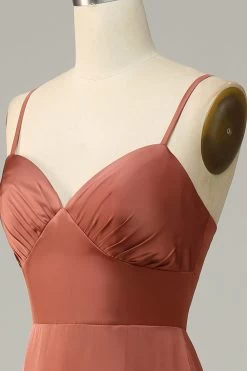 Baksteen Rode Schede Spaghetti Riemen Satijnen Bruidsmeisje Jurk Met Split -Jurken Korting Winkel CR2023412 Brick Red 5