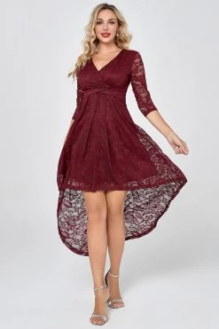 Burgundy High Low Lace Feestjurk Met Mouwen