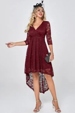 Burgundy High Low Lace Feestjurk Met Mouwen -Jurken Korting Winkel DTC10052Burgundy 3