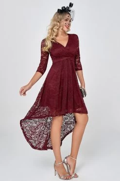 Burgundy High Low Lace Feestjurk Met Mouwen -Jurken Korting Winkel DTC10052Burgundy 4