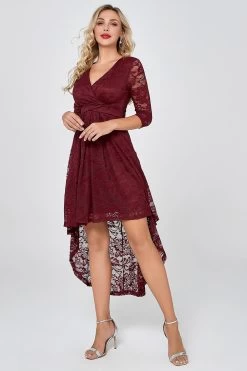 Burgundy High Low Lace Feestjurk Met Mouwen -Jurken Korting Winkel DTC10052Burgundy 5