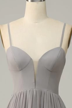 Zilveren A Line Spaghetti Straps Lange Bruidsmeisje Jurk Met Split 11 Zilveren A Line Spaghetti Straps Lange Bruidsmeisje Jurk Met Split -Jurken Korting Winkel HAYLN9480 Silver 4