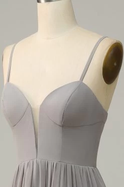 Zilveren A Line Spaghetti Straps Lange Bruidsmeisje Jurk Met Split 12 Zilveren A Line Spaghetti Straps Lange Bruidsmeisje Jurk Met Split -Jurken Korting Winkel HAYLN9480 Silver 5