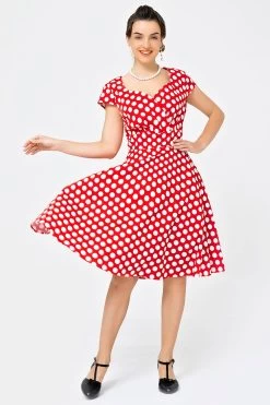 Rode Kleine Witte Stip Swing Jurk 15 Rode Kleine Witte Stip Swing Jurk -Jurken Korting Winkel JHQC052 Red White Big Dot 2