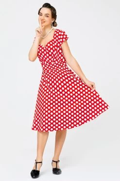 Rode Kleine Witte Stip Swing Jurk 14 Rode Kleine Witte Stip Swing Jurk -Jurken Korting Winkel JHQC052 Red White Big Dot 5