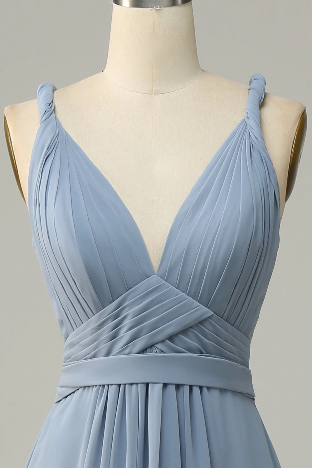 Stoffige Blauwe Diepe V-hals A Lijn Lange Bruidsmeisjesjurk 5 Stoffige Blauwe Diepe V-hals A Lijn Lange Bruidsmeisjesjurk - Afbeelding 3