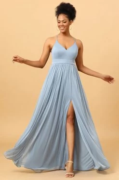 Dusty Blue A-Line Lange Chiffon Bruidsmeisjesjurk Met Spleet