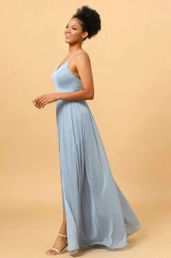 Dusty Blue A-Line Lange Chiffon Bruidsmeisjesjurk Met Spleet -Jurken Korting Winkel PPDG0808 Dusty Blue 3