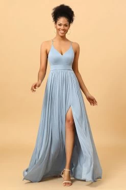 Dusty Blue A-Line Lange Chiffon Bruidsmeisjesjurk Met Spleet -Jurken Korting Winkel PPDG0808 Dusty Blue 4