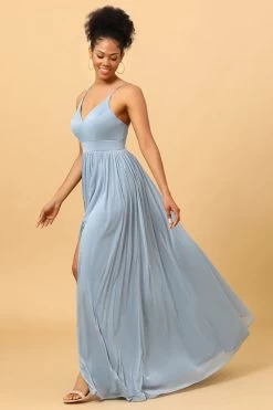 Dusty Blue A-Line Lange Chiffon Bruidsmeisjesjurk Met Spleet -Jurken Korting Winkel PPDG0808 Dusty Blue 5