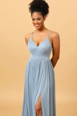 Dusty Blue A-Line Lange Chiffon Bruidsmeisjesjurk Met Spleet -Jurken Korting Winkel PPDG0808 Dusty Blue 6