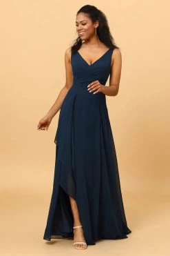 Marine V-Hals Chiffon Bruidsmeisje Jurk Met Ruches -Jurken Korting Winkel PPDG7102 20Dark 20Navy 20 4