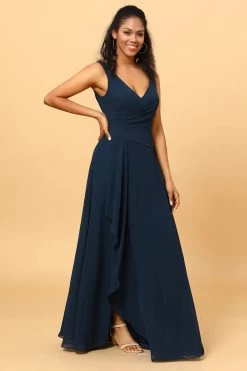 Marine V-Hals Chiffon Bruidsmeisje Jurk Met Ruches -Jurken Korting Winkel PPDG7102 20Dark 20Navy 20 5